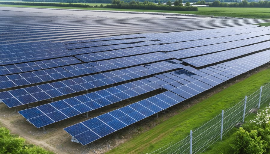 Aerial view of a large solar panel array connected to zinc battery storage containers