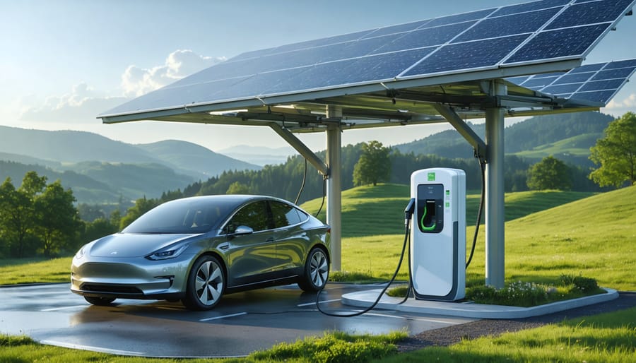 A scenic depiction of a solar-powered J1772 EV charging station in a European landscape, featuring solar panels converting sunlight into energy for an electric vehicle amid green hills and clear blue skies.