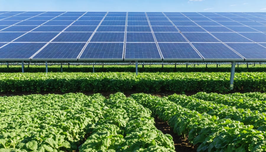 A European farm field featuring solar panels integrated with a modern irrigation system, highlighting sustainable agriculture practices with rows of healthy crops under bright sunlight.