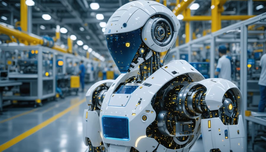 Futuristic robot with integrated solar panels operating in a modern European manufacturing facility, symbolizing the merger of renewable energy with industrial automation.