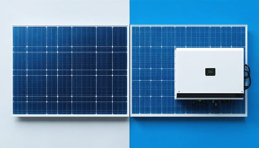 Comparison showing a large string inverter mounted on wall versus multiple small microinverters under solar panels