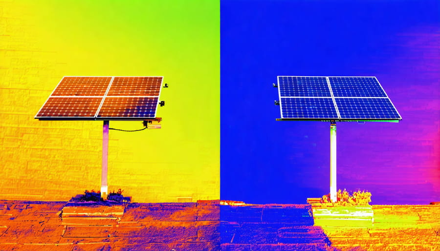 Split thermal image showing temperature differences in insulated vs non-insulated solar panels