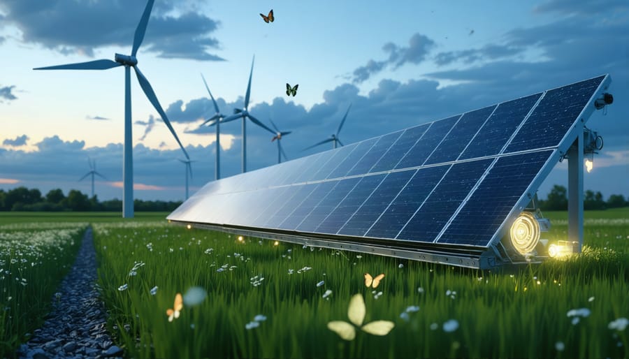 "A modern European energy landscape with zinc energy storage units, solar panels, wind turbines, and green fields, illustrating the integration of technology and nature for sustainable energy solutions."