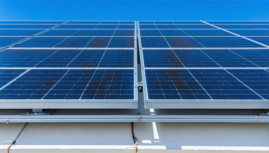 Installation technician adjusting tilt angle on solar panel mounting brackets