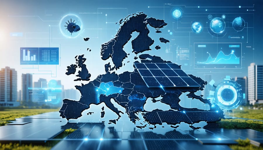 A conceptual illustration of AI-optimized solar technology, featuring smart panels, digital interfaces, and data analytics, symbolizing the transformation of solar energy management in Europe through innovative hardware and software integration.