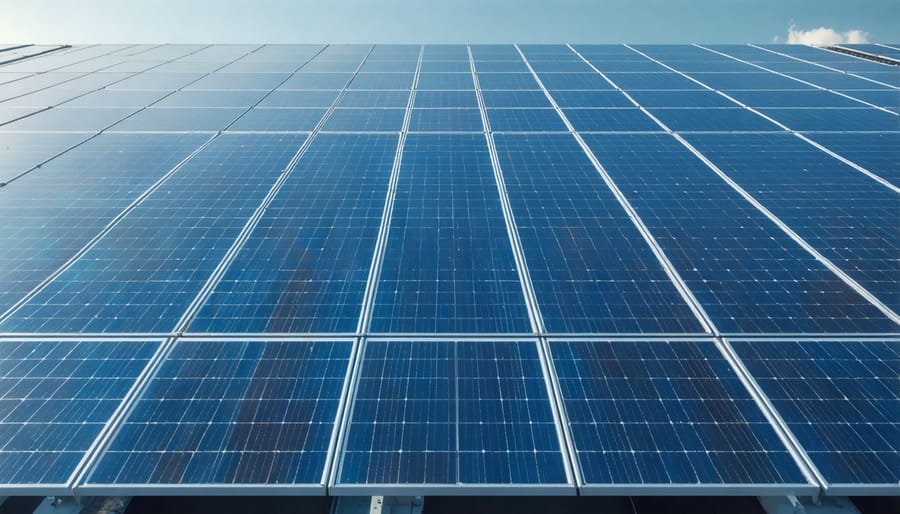 Computer-generated visualization of AI-optimized solar panel placement on a building rooftop