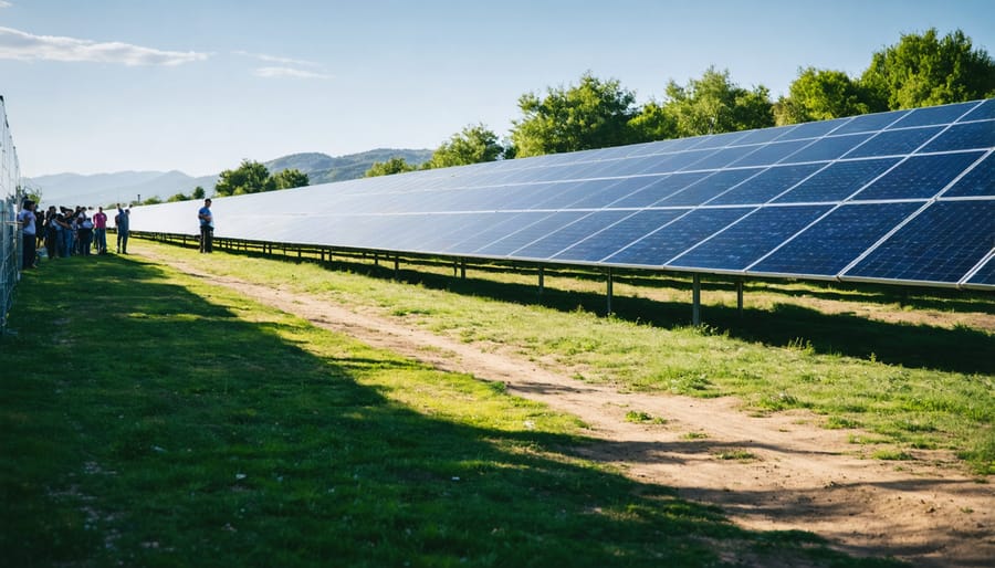 Community solar farm installation with local residents viewing the panels