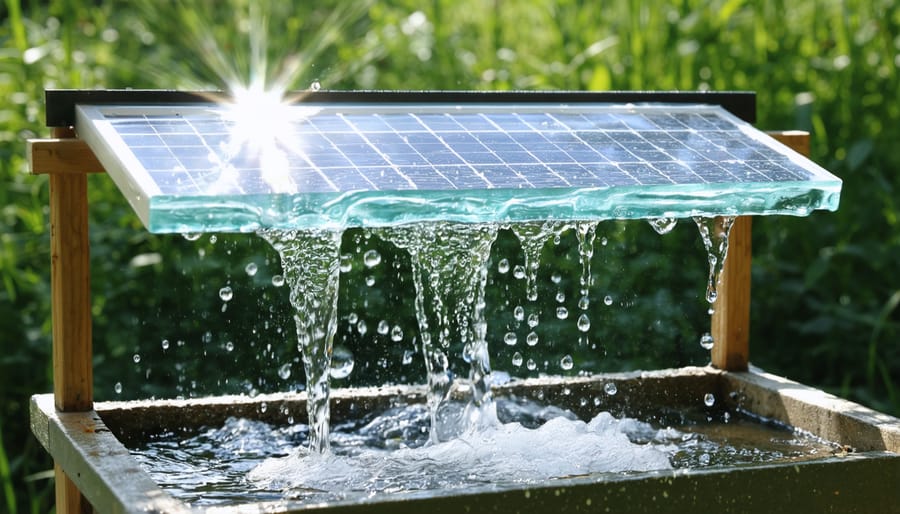 A solar water still in operation on a sunny day, with sunlight shining through a glass panel causing water evaporation and condensation. Water droplets are visible running down the glass into a collection trough, illustrating the sustainable water purification process.