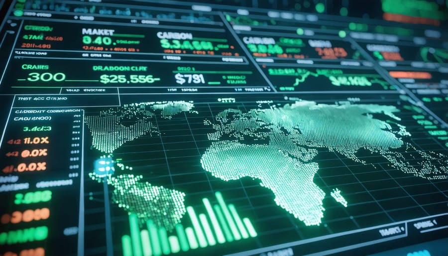 European carbon credit trading platform displaying market prices, volumes, and trends