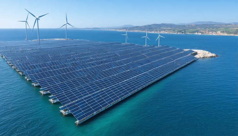 Aerial view of a futuristic offshore solar farm with solar panels floating on ocean water, integrated with wind turbines, against a backdrop of a clear blue sky and European coastline.