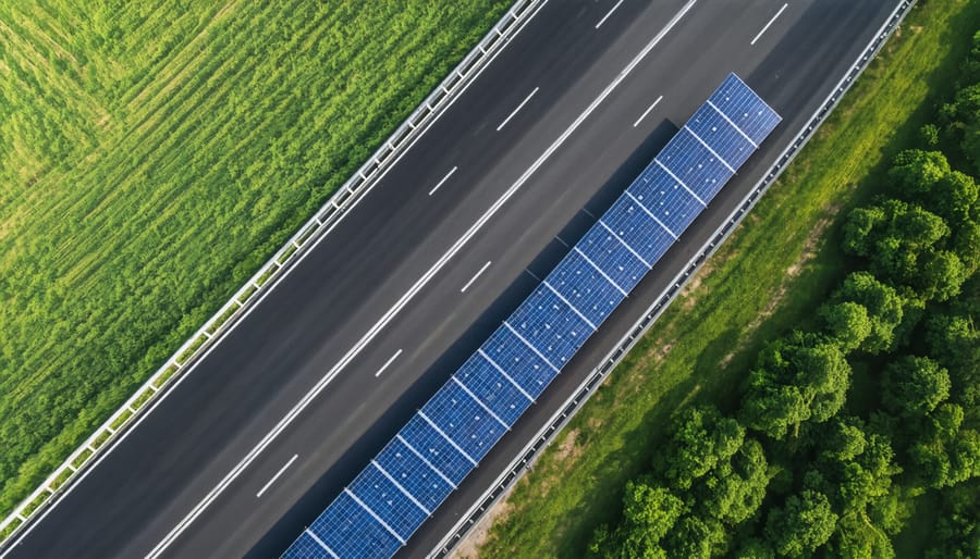 Aerial view of solar-integrated noise barriers spanning along both sides of a major highway in Europe