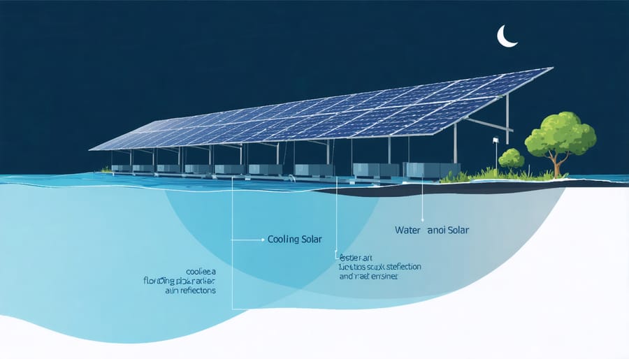 Cross-section illustration of floating solar panels showing water cooling effect and light reflection paths