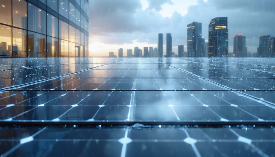 Conceptual image of a futuristic city utilizing heat-resistant glass in solar panels and building facades, illustrating thermal resilience across different European climate zones.