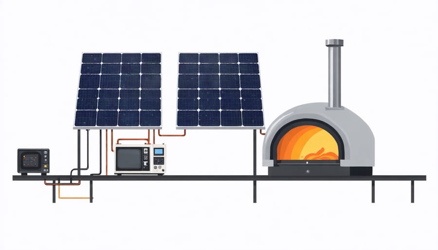 Technical diagram illustrating how hybrid solar ovens combine solar and electrical power systems