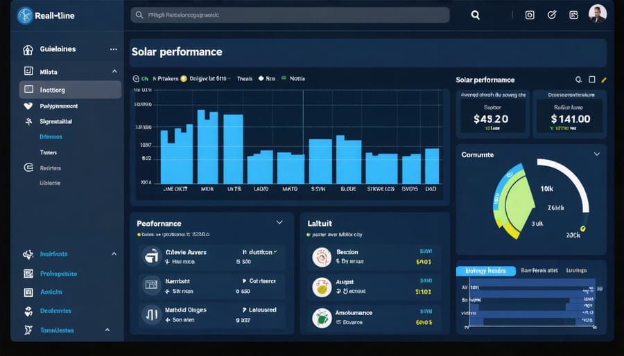 Modern digital dashboard displaying solar system performance metrics, energy generation graphs, and sensor readings