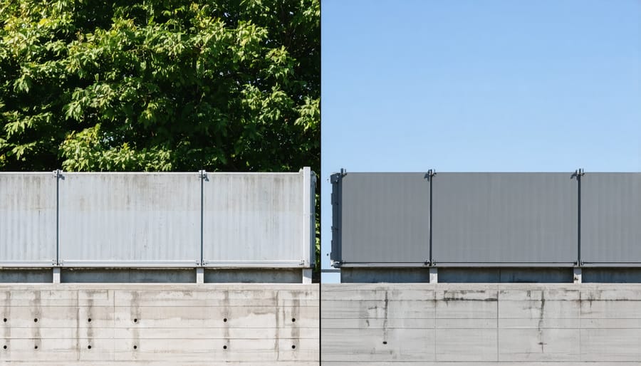 Side-by-side comparison of traditional grey concrete noise barrier versus solar panel integrated noise barrier along a highway