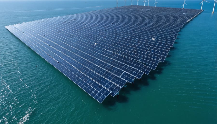 Floating solar panels arranged in a grid pattern on ocean water, integrated with offshore wind farm