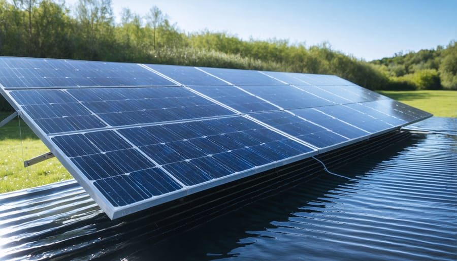 Functioning solar water still showing condensation on glass and water collection in progress