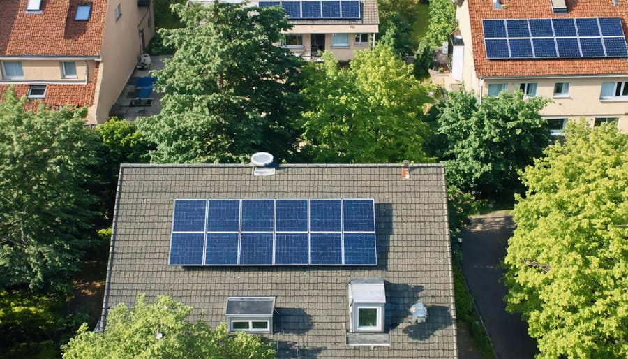 Birds-eye view of houses with rooftop solar panels showing distributed generation in action