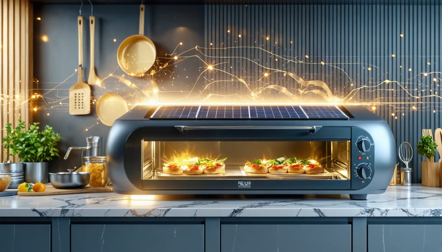 A modern kitchen with a hybrid solar oven blending solar panels and electric elements, symbolizing dual-power technology and energy efficiency, set against a backdrop reflecting energy savings.