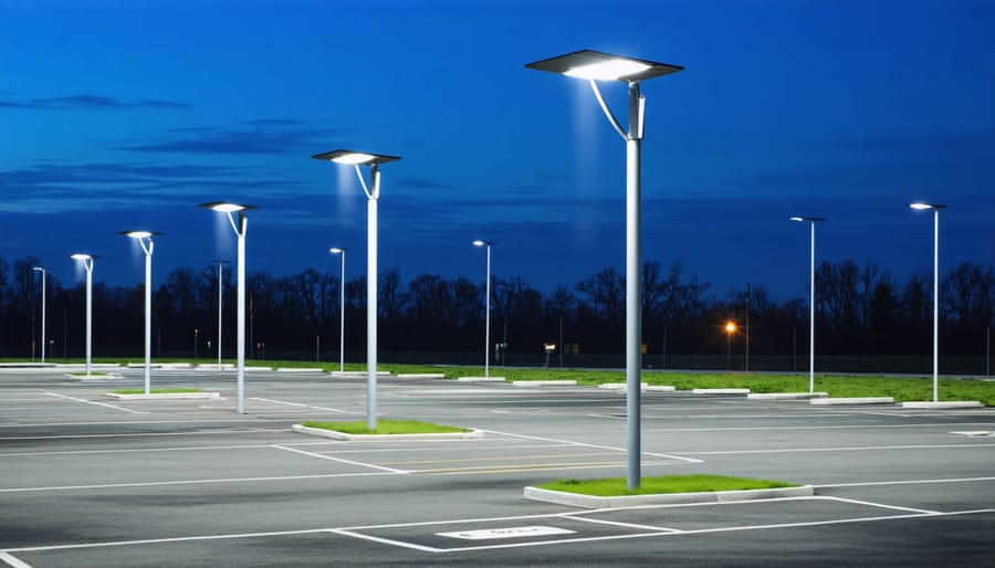 Modern parking lot illuminated by smart solar-powered poles with integrated motion sensors and LED fixtures, showcasing energy-efficient lighting and enhanced security.