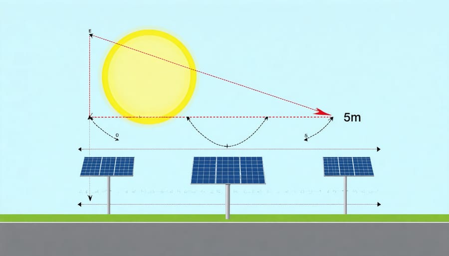 Technical illustration of solar panel tilt angles and sun position throughout the day