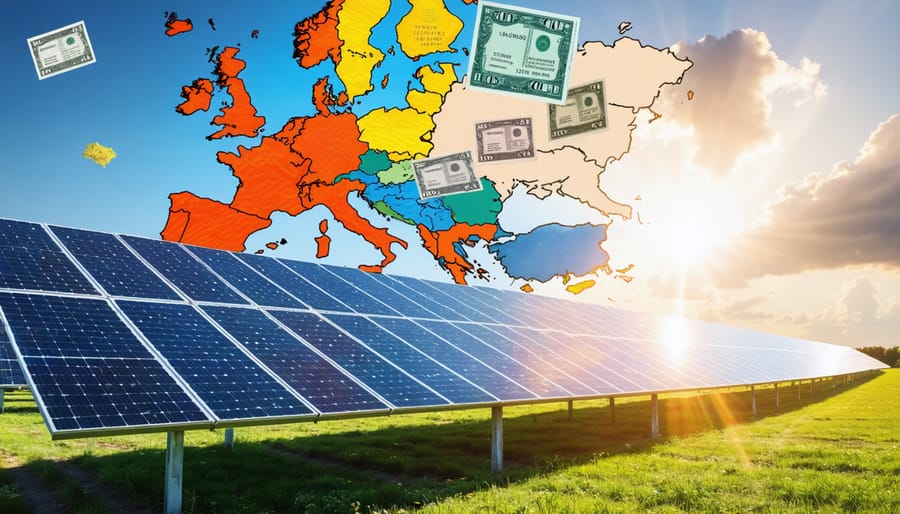 Conceptual illustration of a solar farm generating energy with floating carbon credit certificates, highlighting the dual revenue potential for solar investments in Europe.