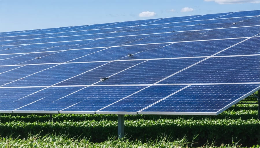 Solar panels powering farm operations with tractors and irrigation systems in view