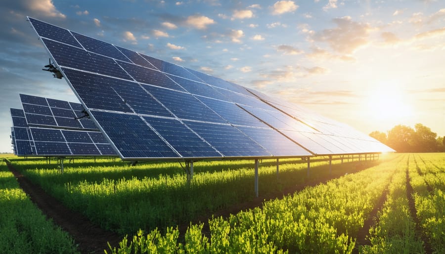 A European farm equipped with solar panels and a gas generator, illustrating the seamless integration of renewable and conventional energy sources for efficient power management.