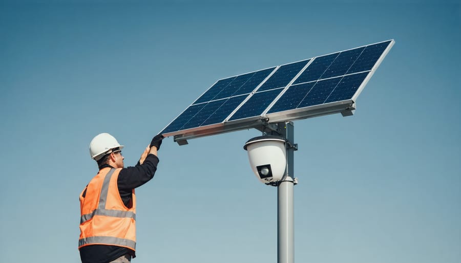 Professional installing solar parking lot light system