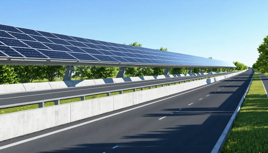 Dual-purpose highway noise barrier with integrated solar panels on a sunny European highway, exemplifying sustainable infrastructure and renewable energy generation.