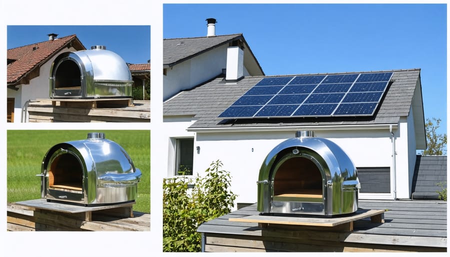 Installation process of a hybrid solar oven showing connection to home solar panels
