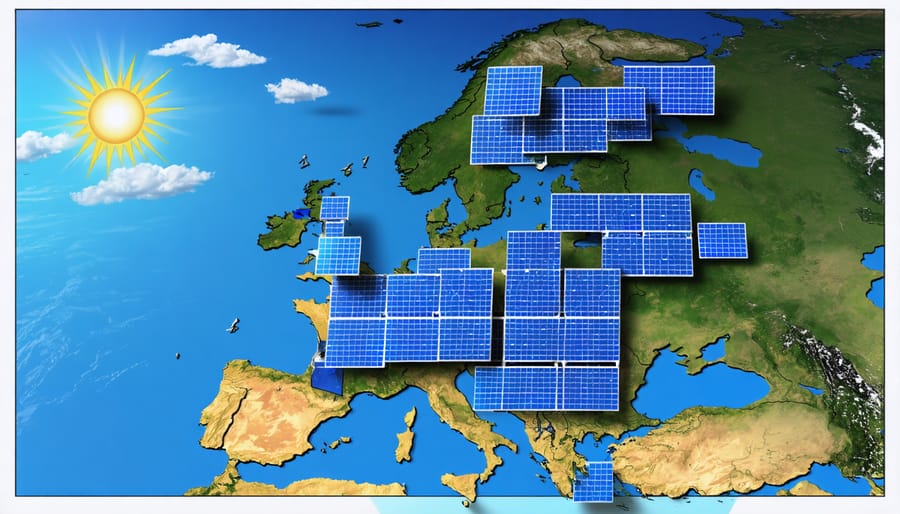 Illustration of a European map showcasing optimal solar panel angles for different regions, highlighting seasonal sun paths and tilt angle indicators for maximizing energy efficiency.