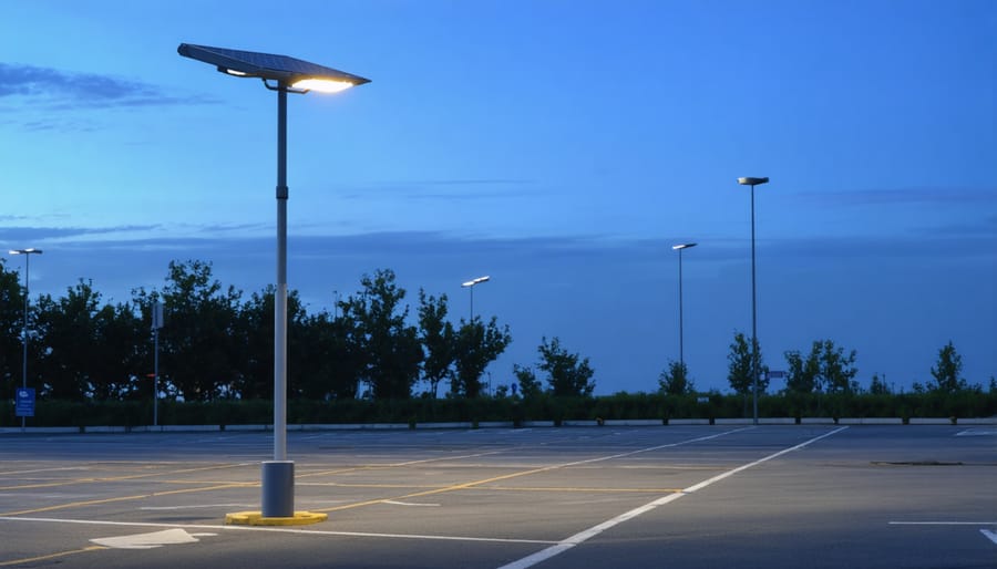 Modern solar-powered parking lot light with visible motion sensor and LED array