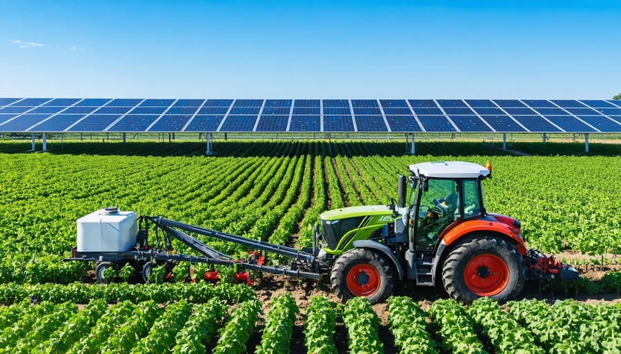 "European farm with solar panels, electric tractor, and irrigation system demonstrating the synergy of renewable energy and agriculture."