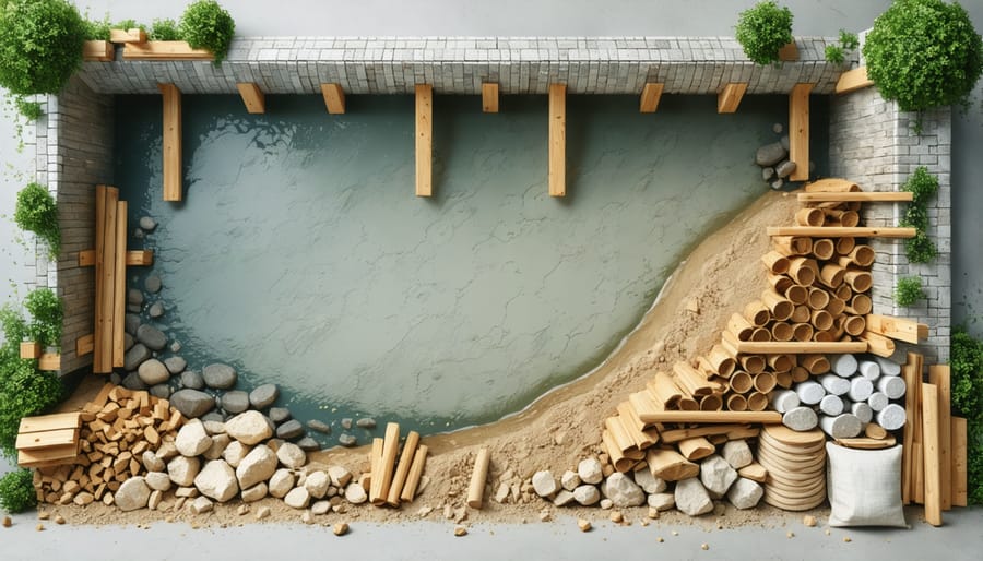 Materials and tools needed for building the solar still basin, including glass panel, sealant, and collection trough