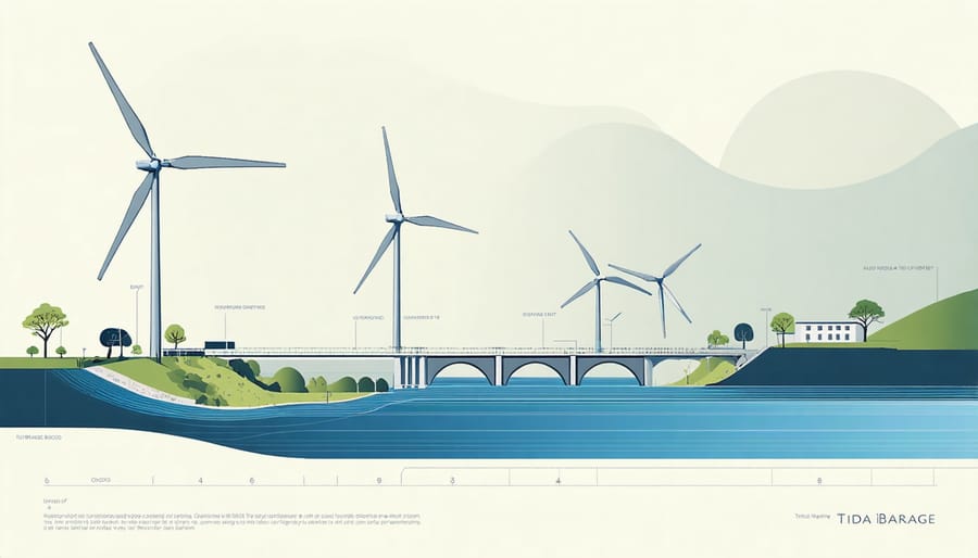Technical illustration of tidal barrage showing water flow and turbine placement