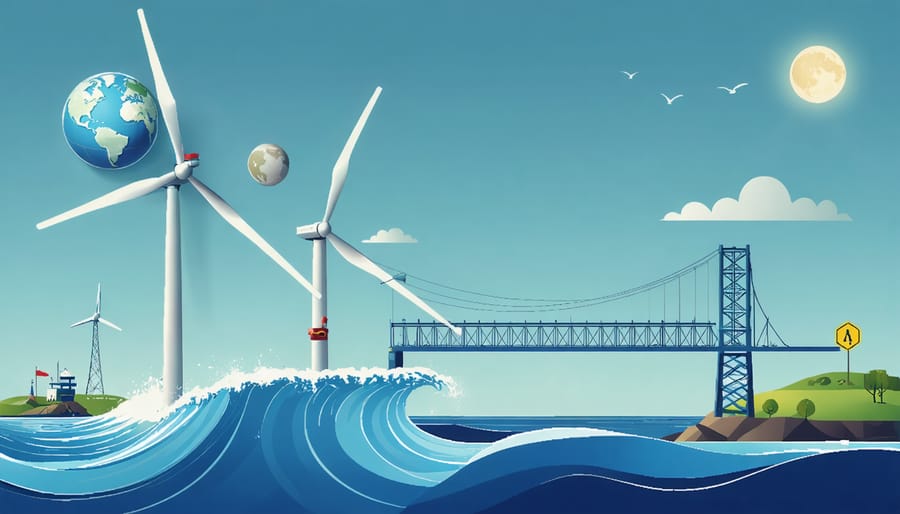 Illustration depicting tidal energy systems along the European coastline, highlighting tidal stream generators and tidal barrage systems under the influence of Earth, Moon, and Sun for renewable power generation.