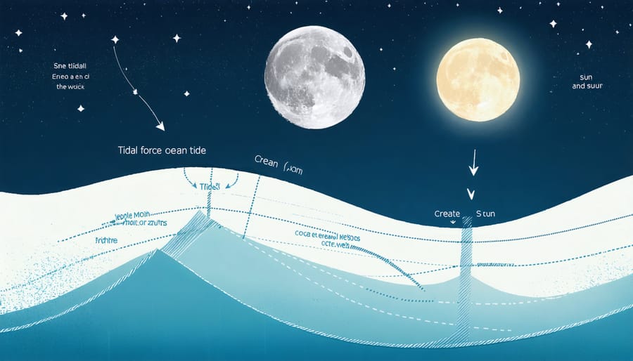 Illustration of Earth, Moon, and Sun gravitational interactions causing tidal bulge
