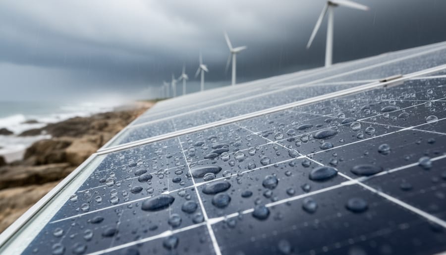 Close-up of a solar panel with advanced hydrophobic and anti-reflective coating, water droplets beading on the glass as a stormy European coastline with blurred wind turbines appears in the background.