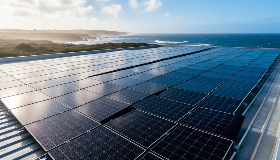 Large commercial solar panel array on rooftop in European coastal city