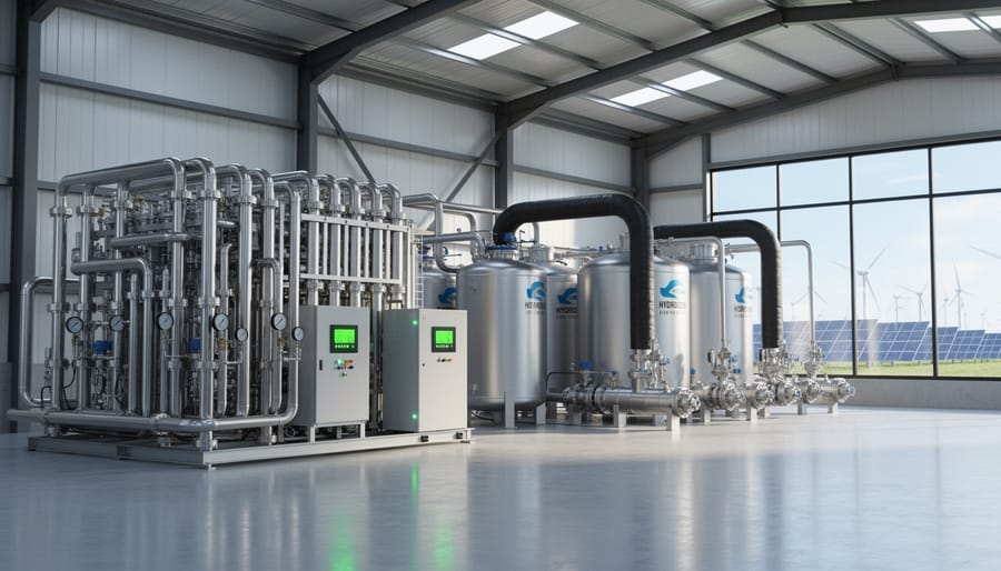 Electrolyzer equipment converting renewable electricity to hydrogen in industrial facility