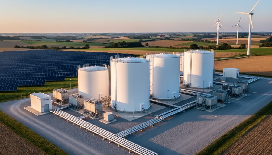 Modern hydrogen storage facility with white cylindrical tanks and pipelines in a rural European setting, with a solar farm and distant wind turbines under warm evening light.
