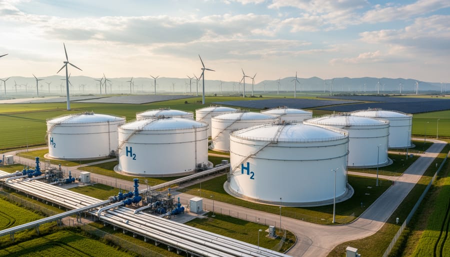 Industrial hydrogen storage tanks at renewable energy facility