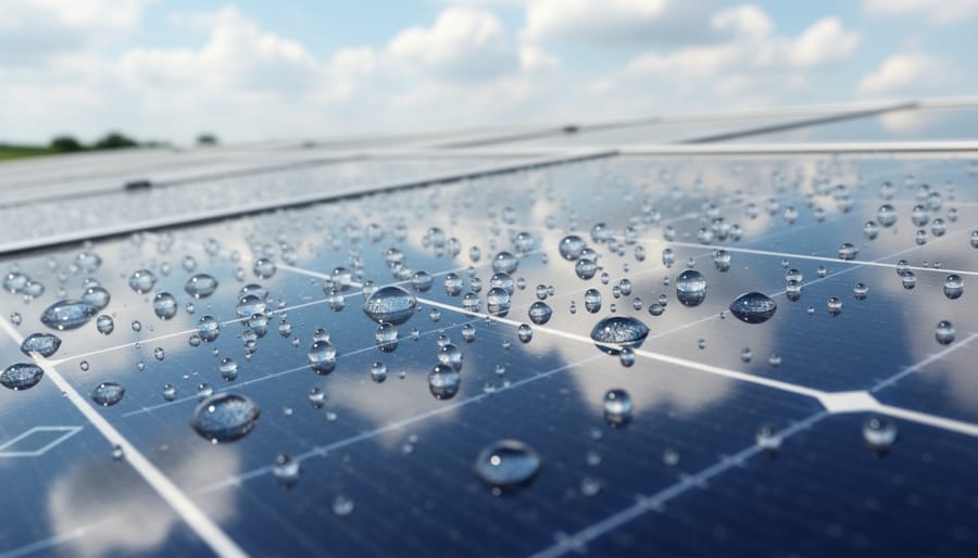 Water droplets beading on coated solar panel surface demonstrating hydrophobic properties