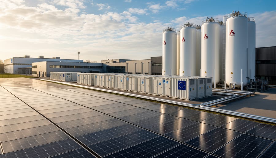 Solar panels and hydrogen storage infrastructure working together at integrated renewable energy facility