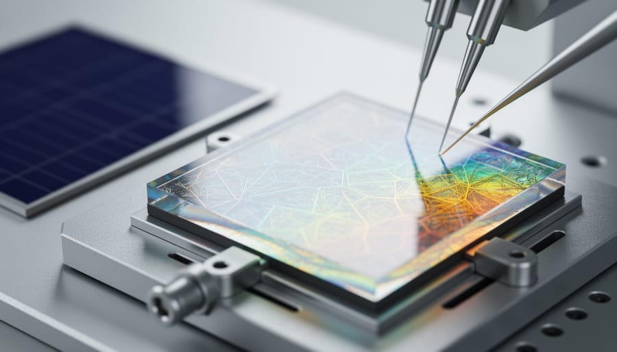 Close-up of perovskite solar cell material showing distinctive crystalline surface structure