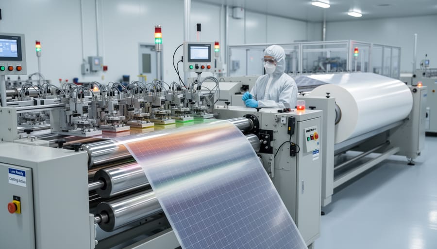 Industrial coating equipment manufacturing perovskite solar cells on flexible substrate