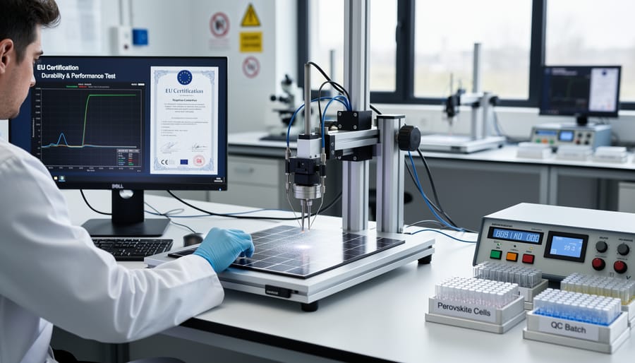 Laboratory technician inspecting perovskite solar panel during quality control testing
