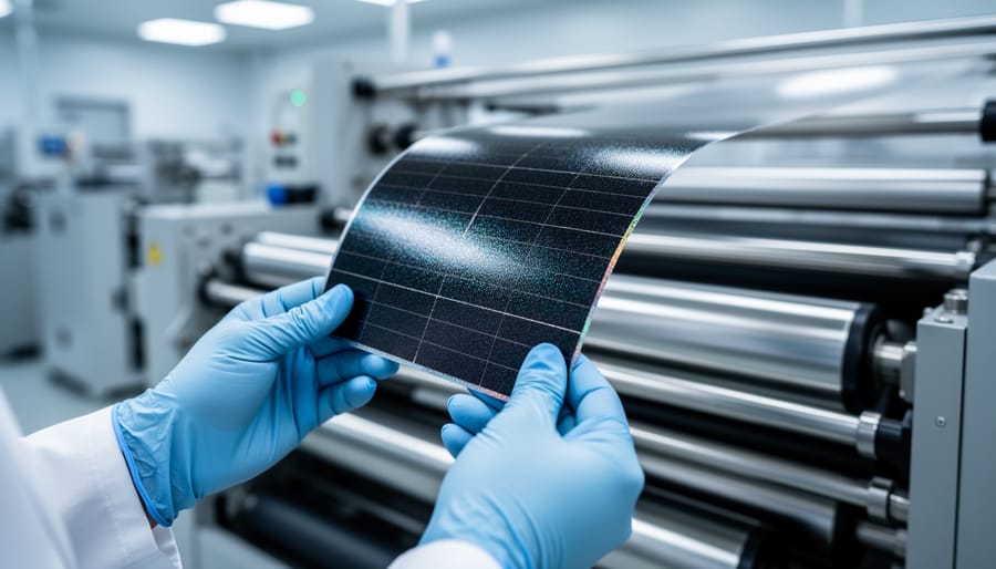 Gloved hands hold a thin, flexible perovskite solar module with an iridescent surface in front of a blurred roll-to-roll coating machine inside a modern factory.